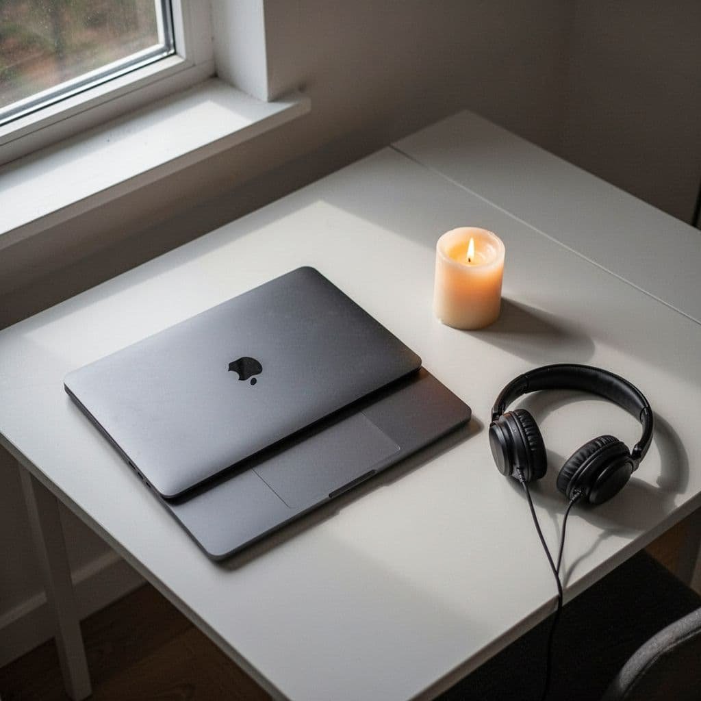 Top-down view shows closed laptop, lit candle, and noise-canceling headphones on clean desk with soft window light.