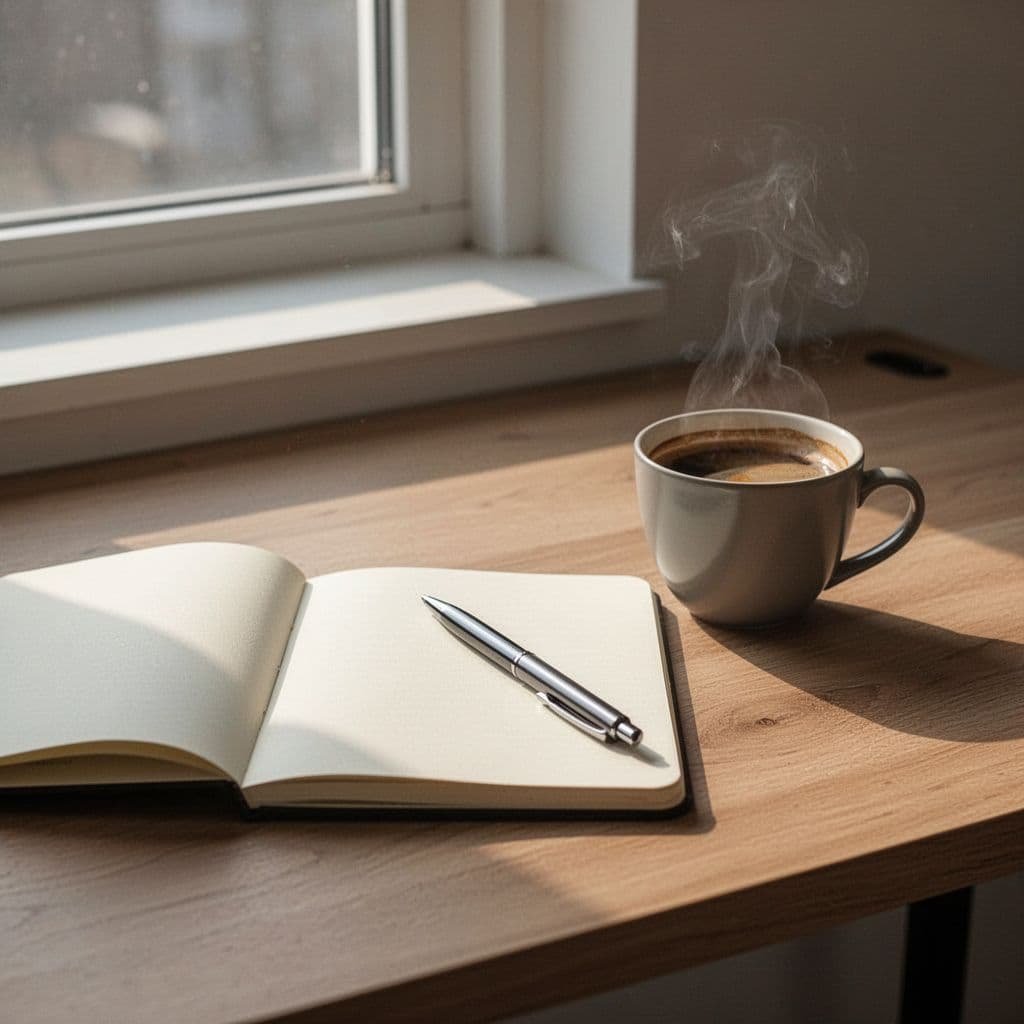 Open notebook, pen, and coffee cup on a quiet desk with morning sunlight through window.