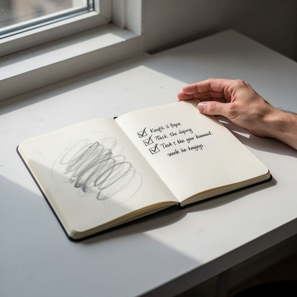 Open notebook on clean desk: blurry scribble on one page, sharp checklist on opposite, resting hand, soft light.