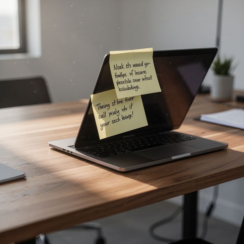 Wooden desk with laptop and handwritten sticky note quote on screen in morning light.
