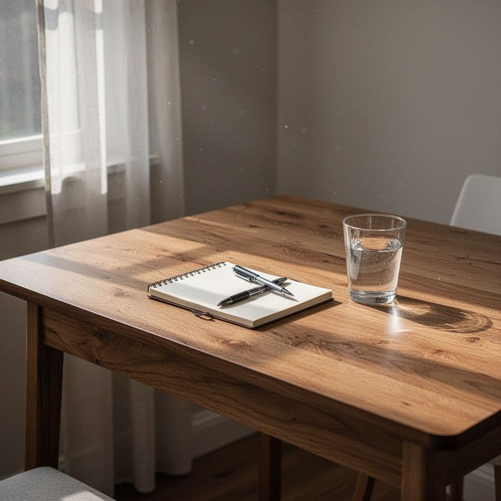 Clean wooden desk with notebook, pen, and water glass in sunlit room.