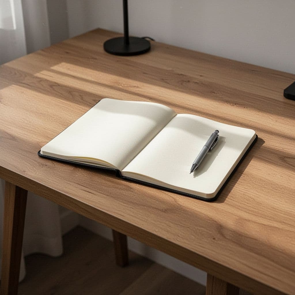 Clean wooden desk with open notebook and pen in soft morning light.