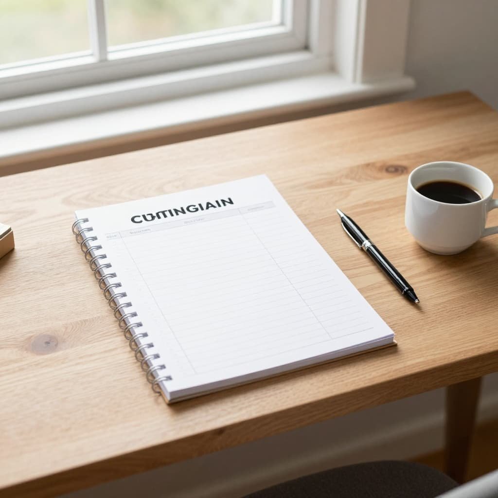 Top-down view of wooden desk with planner, pen, and coffee cup in soft morning light.