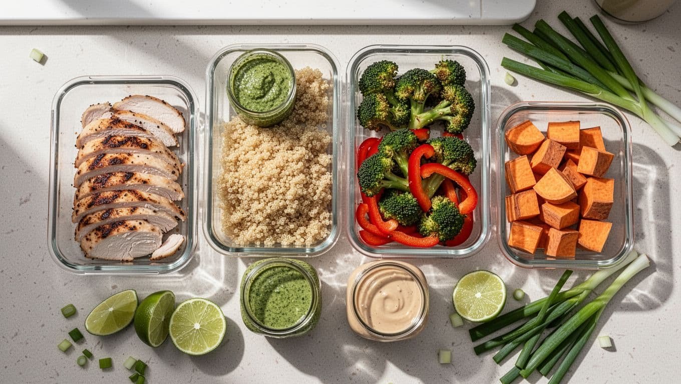 Top-down view of glass containers on kitchen counter with grilled chicken, quinoa, roasted broccoli, peppers, sweet potatoes, pesto, tahini, limes, and green onions.