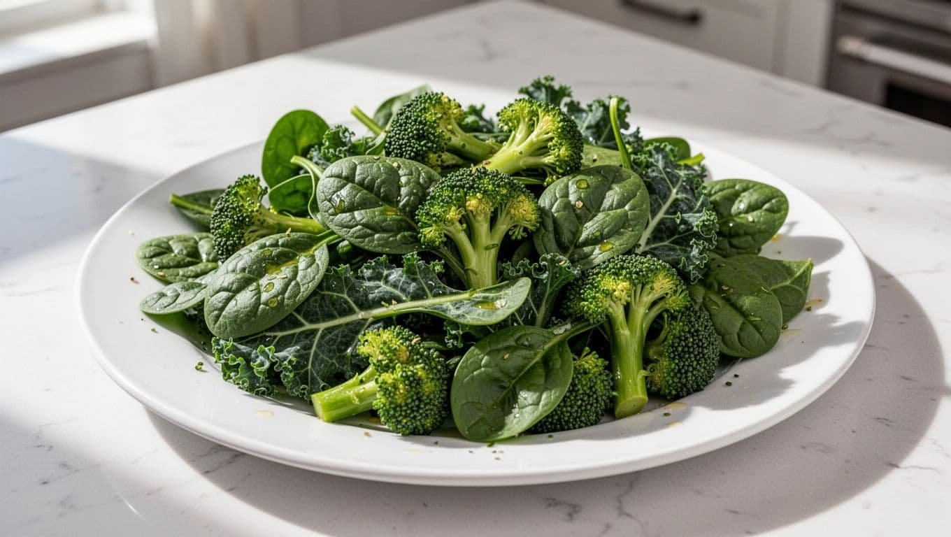 White plate with lightly dressed spinach, kale, collard greens, and steamed broccoli florets on kitchen table.