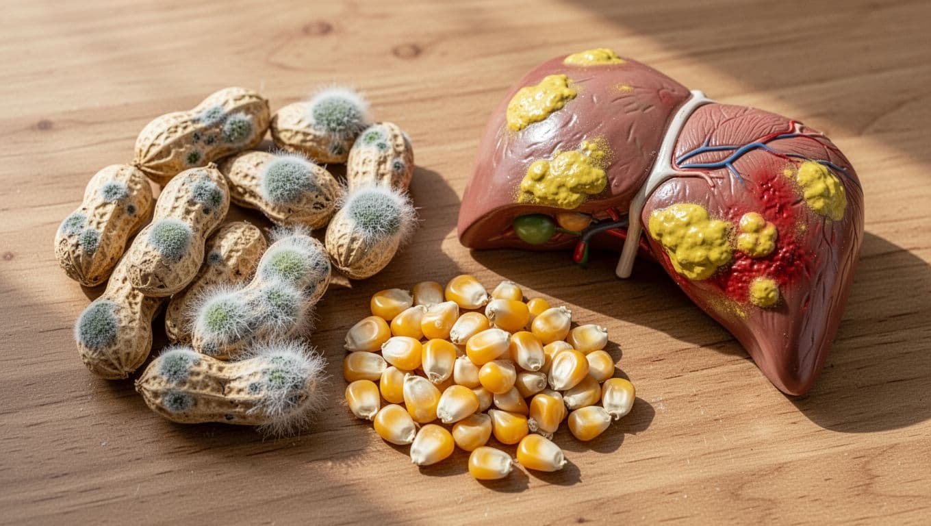 Moldy peanuts with green black mold corn grains with white fuzz and fatty liver model on wooden table.