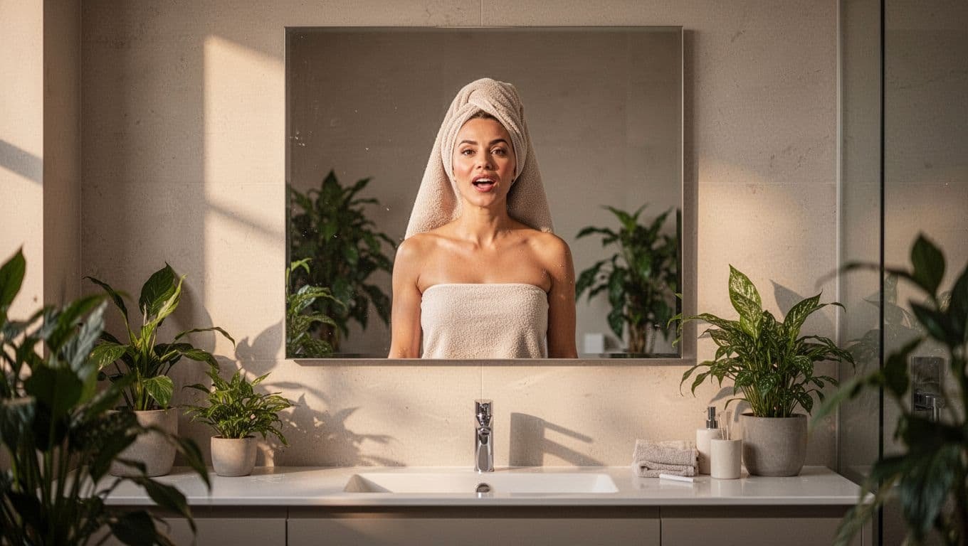 Woman in 30s with towel on head stands in cozy bathroom facing mirror, relaxed expression mouth open.