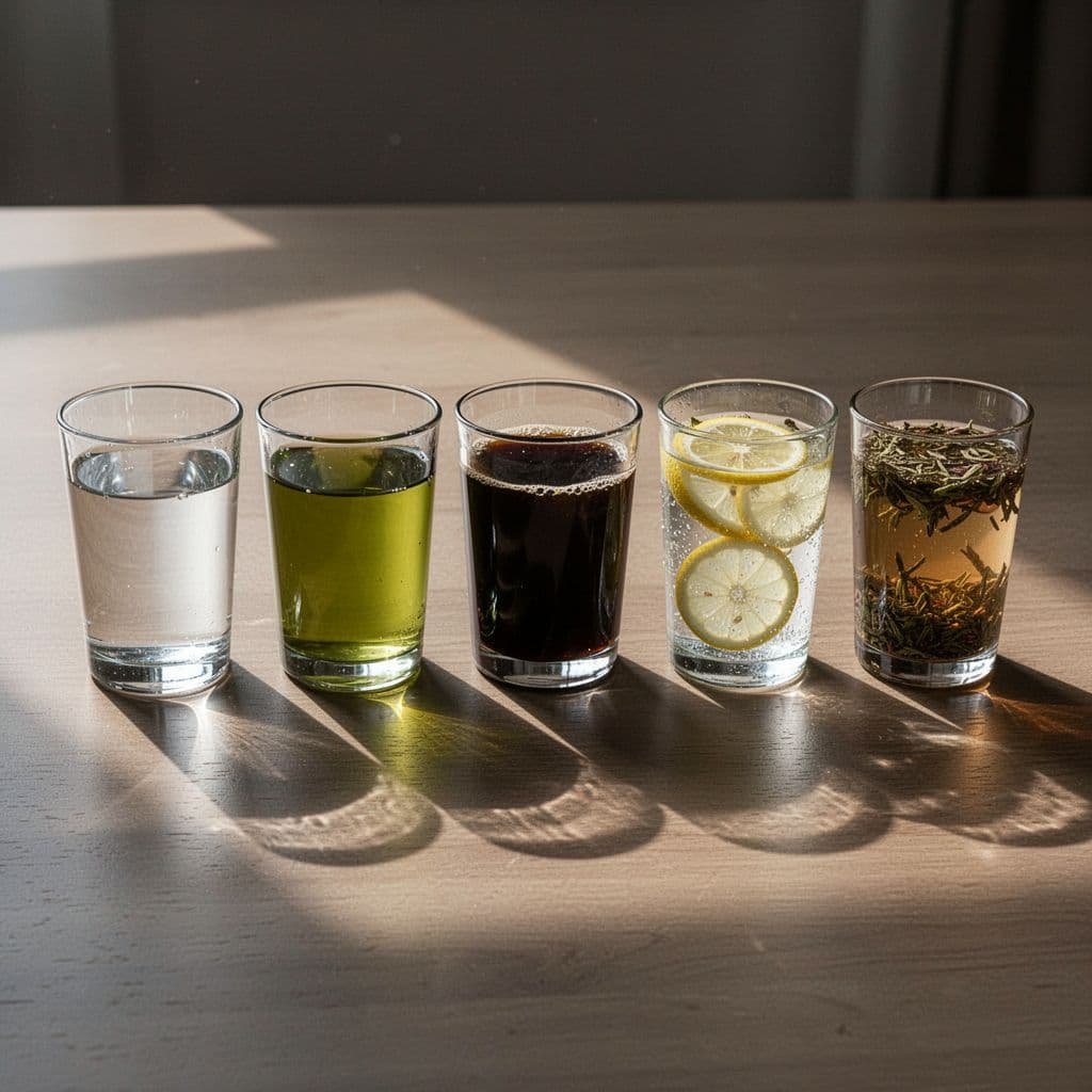 Five distinct glasses of morning drinks are arranged in a row on a clean wooden surface.