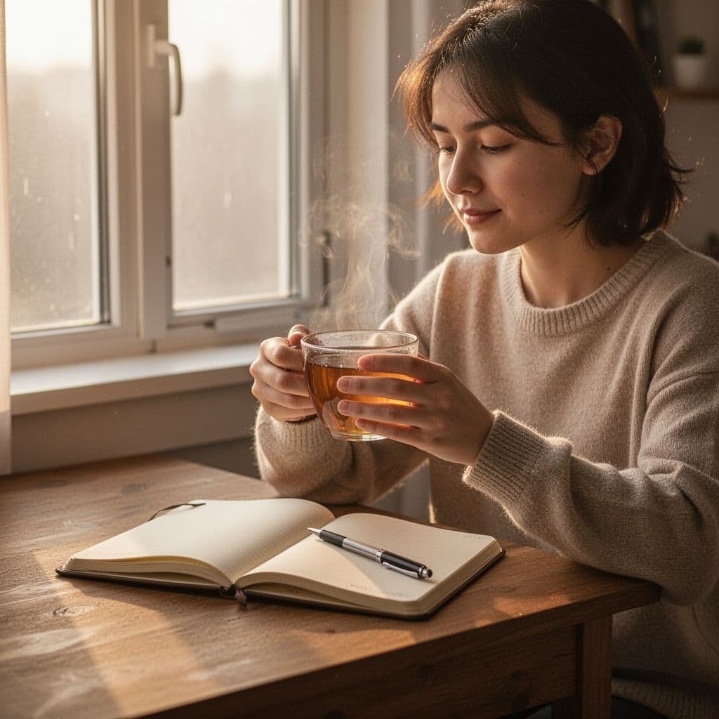 Young adult sits at wooden desk by window with notebook, pen, and tea in morning light.