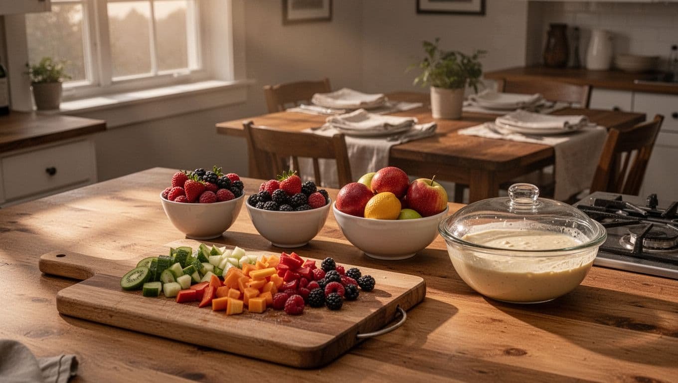 Kitchen prep station with bowls of berries, fruit, chopped vegetables on cutting board, covered batter bowl, and set table in dawn light.