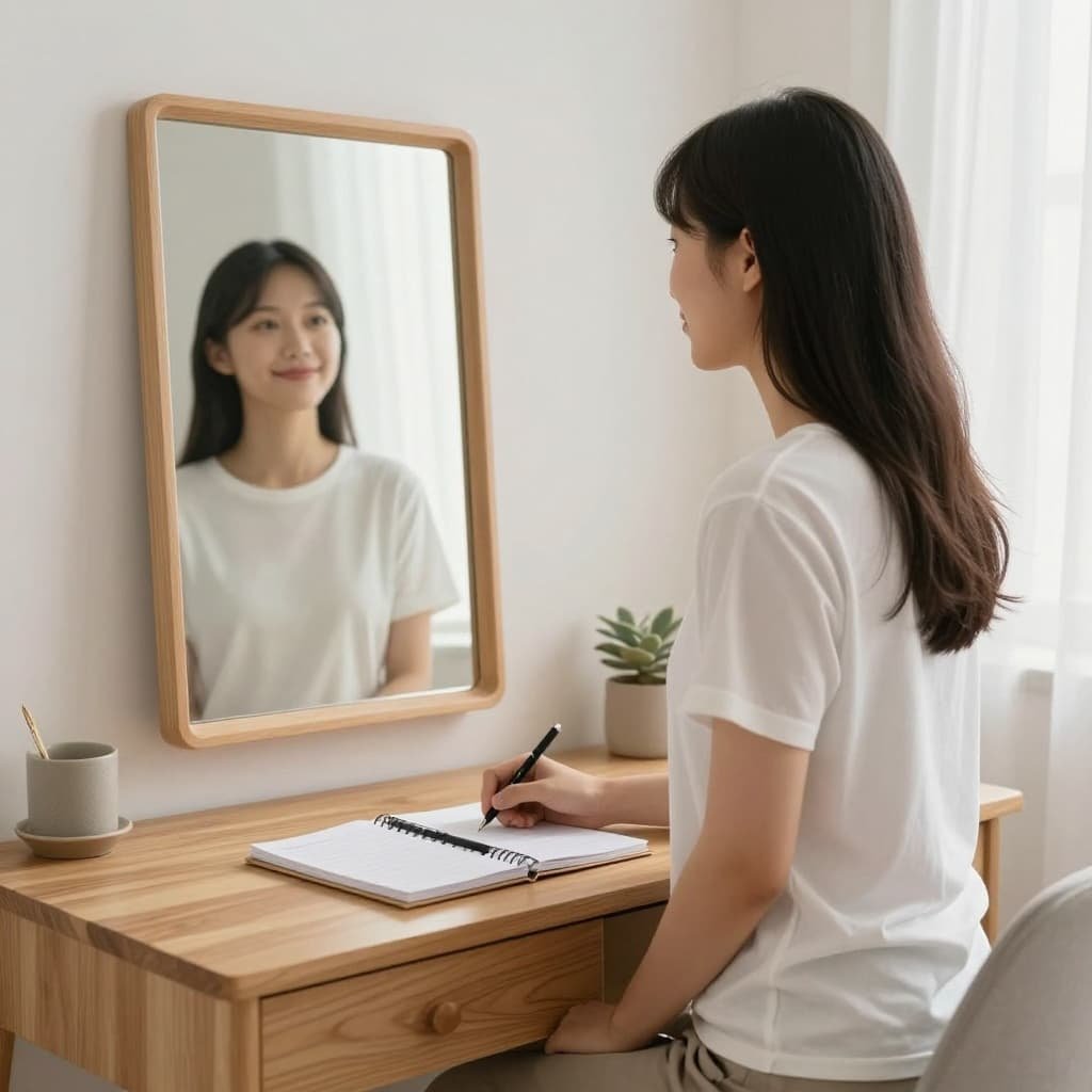 Person stands smiling into bedroom wall mirror, wooden desk with notebook and pen behind, morning sunlight fills room.