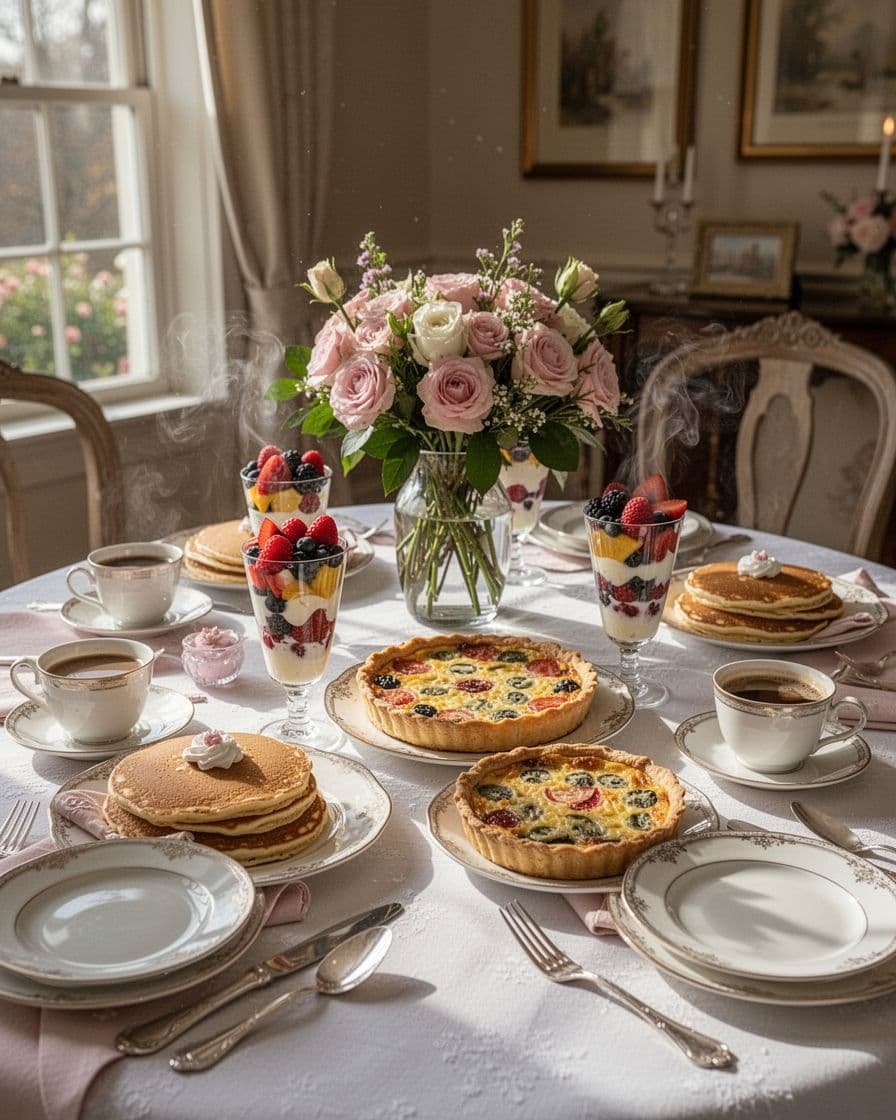 Sunlit dining room table with pancakes, quiche, fruit parfaits, flower centerpiece, coffee, and top text 'Mother's Day Brunch Ideas'.