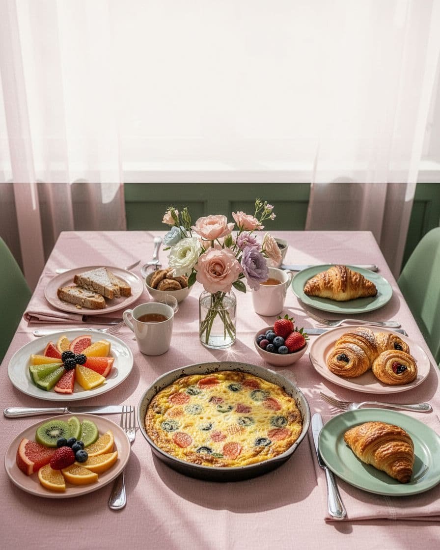 Sunlit brunch table with frittata, fruit, pastries, and flower centerpiece in pink and green tones.