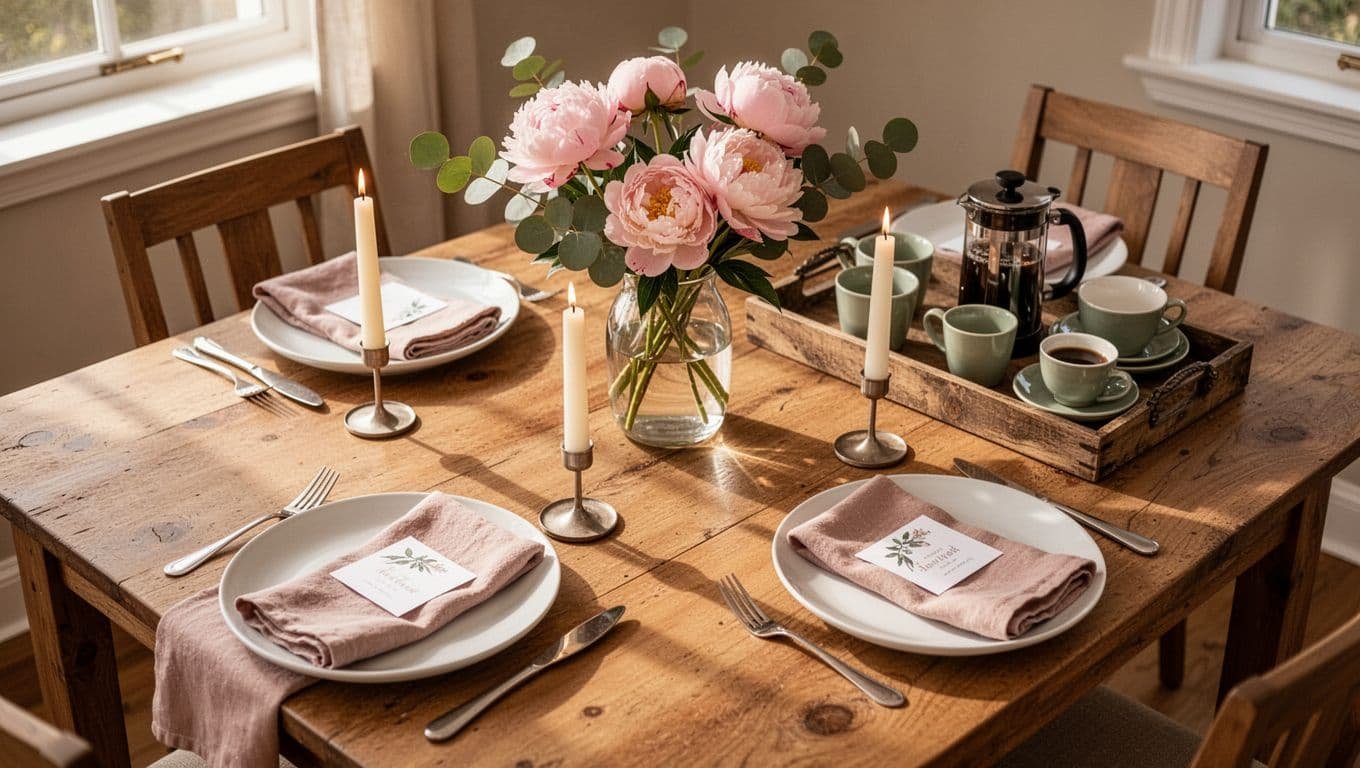 Sunlit wooden table set with peonies and eucalyptus vase, pink napkins, white plates, candles, place cards, and coffee tray.