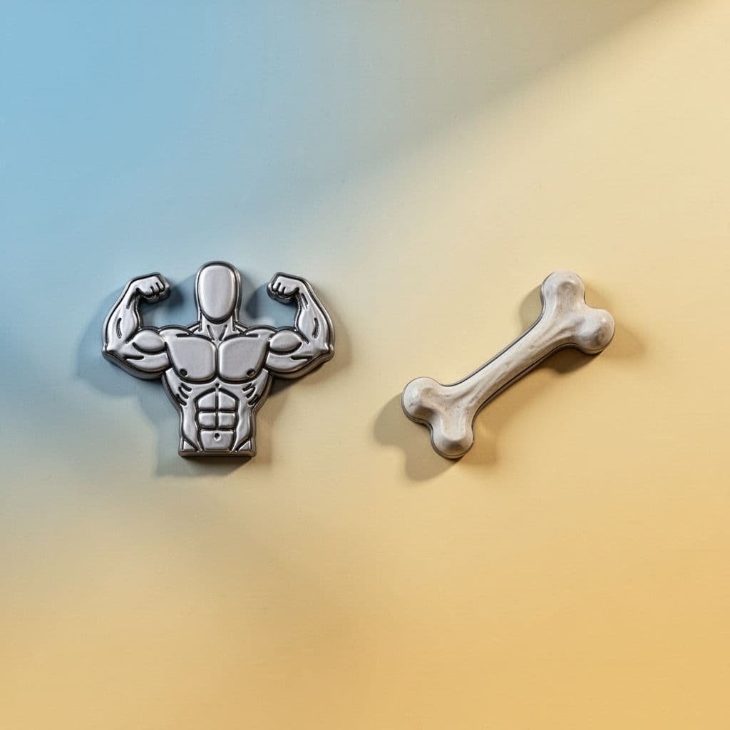 Stylized icons of a muscle and bone are set against a soft blue and yellow background.