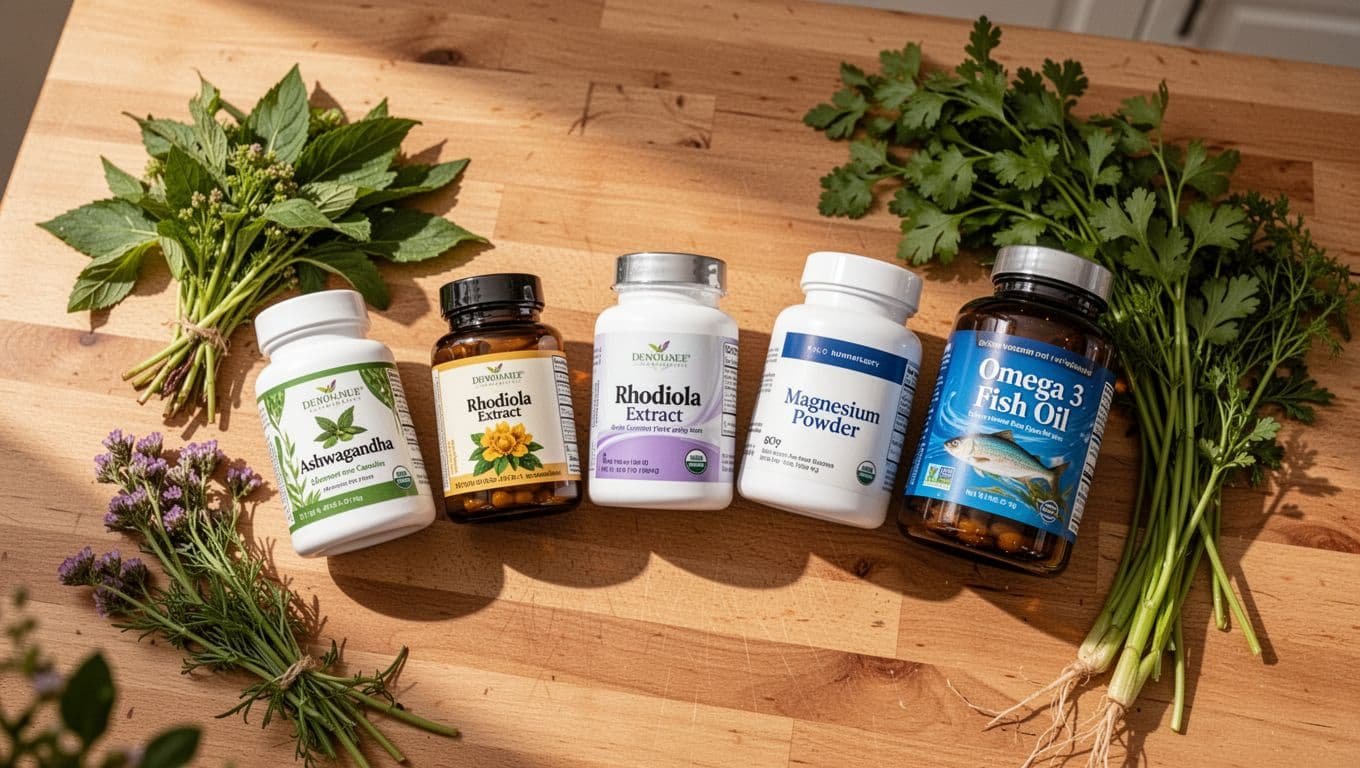 Top-down view of ashwagandha capsules, rhodiola extract, magnesium powder, and omega-3 bottles on wooden kitchen table with fresh herbs.