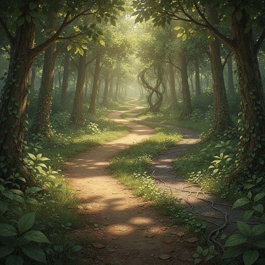 A glowing golden forest path represents a positive habit, contrasting with an overgrown, dim trail nearby.