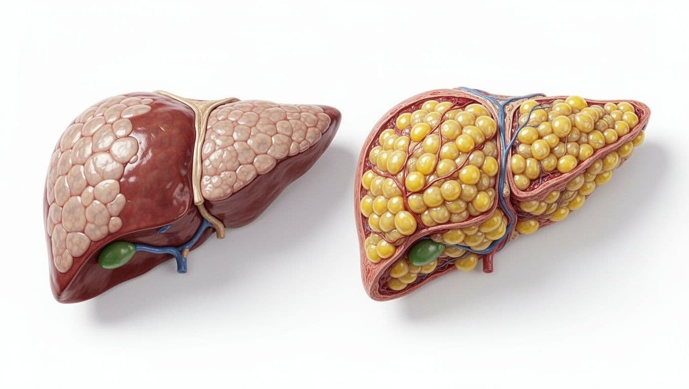Side-by-side medical illustrations: left shows normal liver with clear cells, right shows fatty liver with crowded yellow fat droplets.