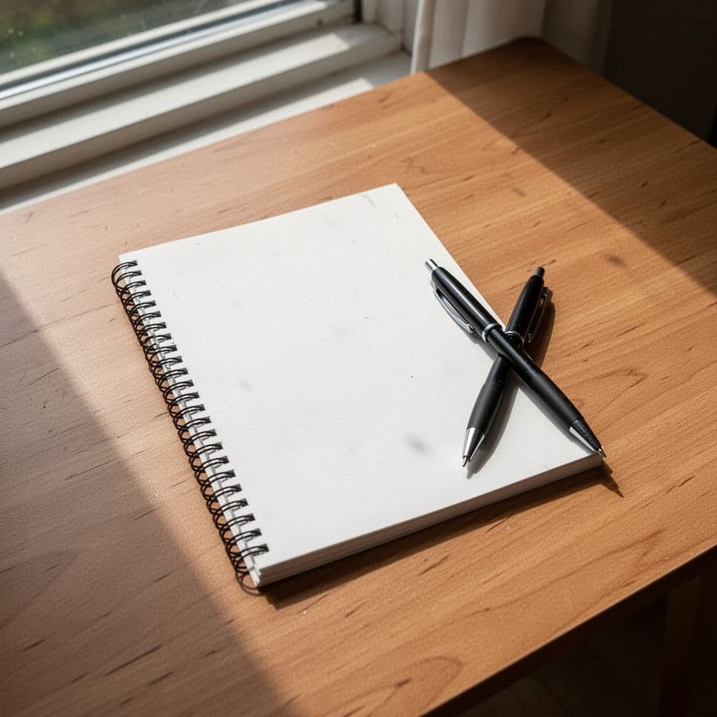 Notebook and black pen on clean wooden table in natural sunlight, top-down view.