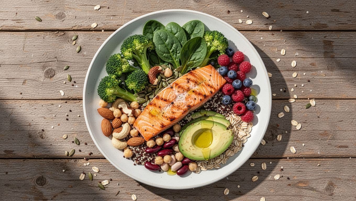 Top-down assortment of broccoli, spinach, berries, chickpeas, nuts, quinoa, salmon, avocado, and olive oil on wooden table.
