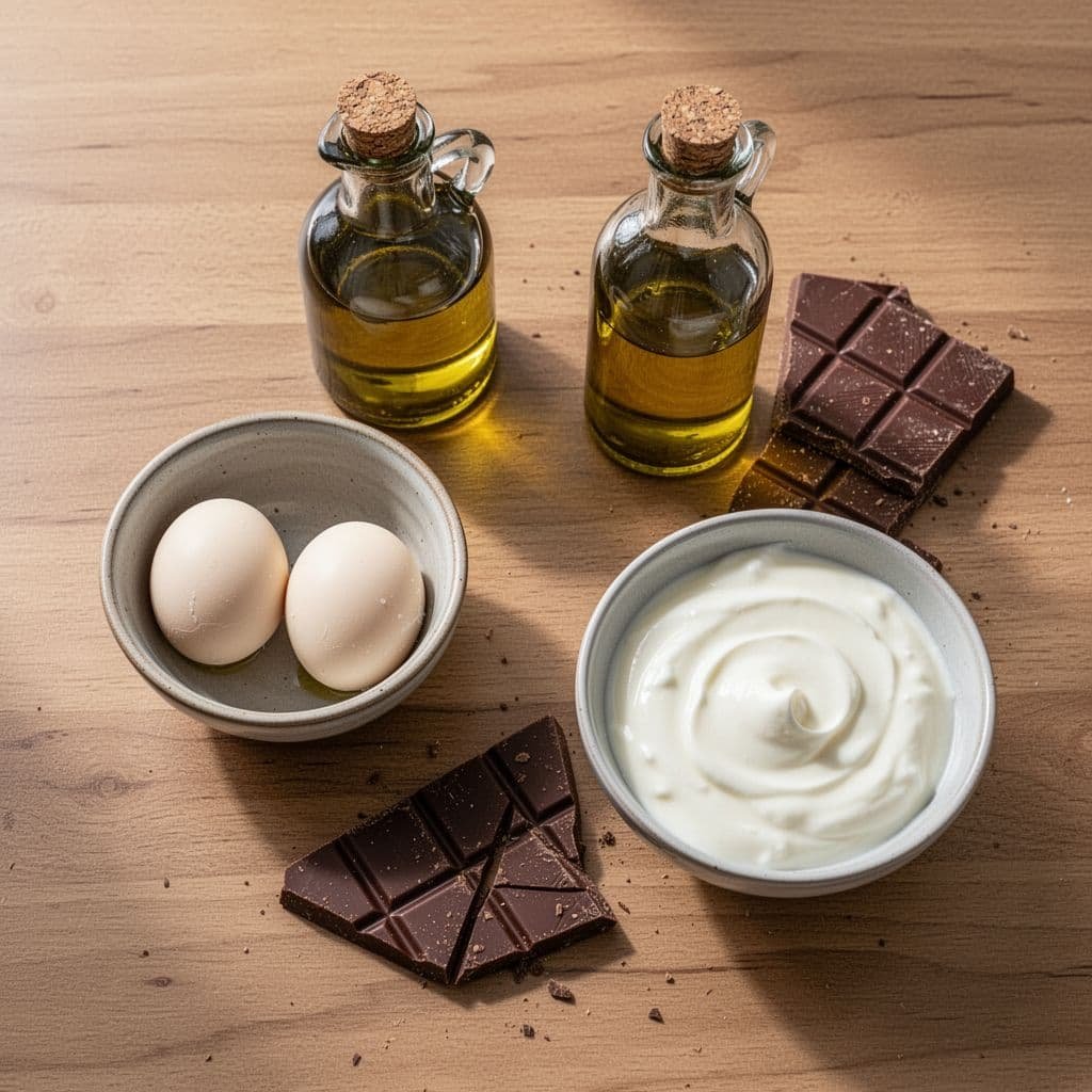 A wooden table displays bowls of yogurt and eggs alongside olive oil and dark chocolate pieces.