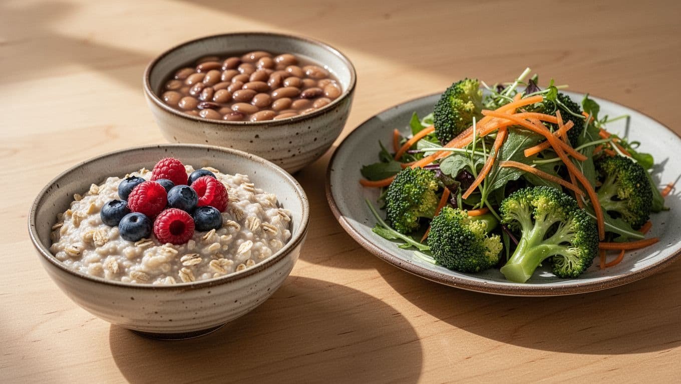 Oats porridge topped with blueberries and raspberries beside a bowl of beans and a plate of broccoli, carrots, and greens on a wooden table.