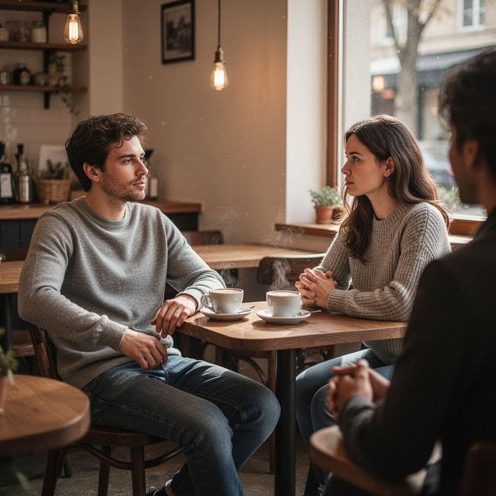 A person observes two friends talking in a cafe, one relaxed and the other tense.