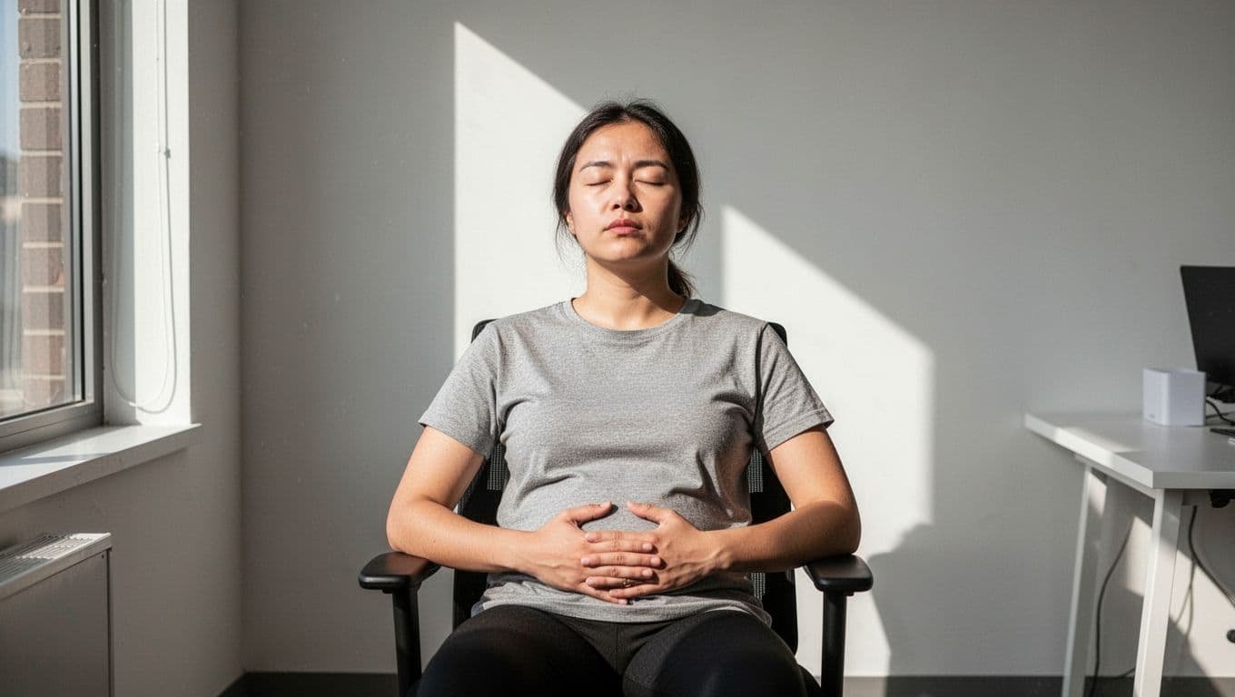 Person in office takes deep breath, eyes closed, hands on belly, relaxed posture.