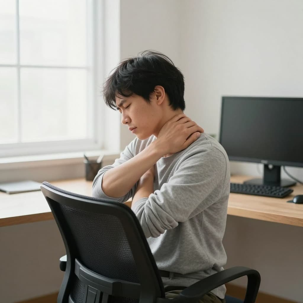 Person sits at clean desk in office chair, clutching neck and shoulders, soft window light.
