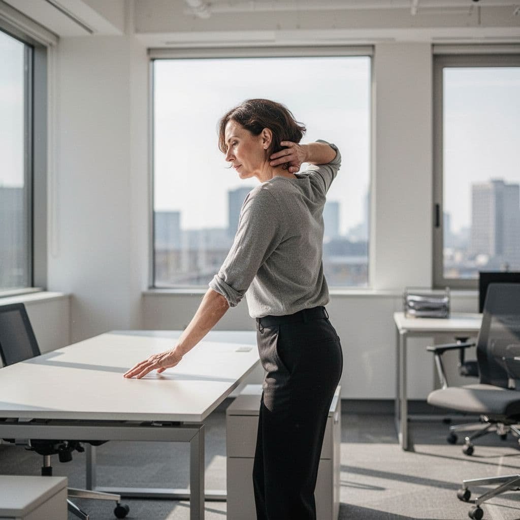 Side profile of person standing from desk in bright modern office, doing simple neck stretch with one hand on desk.