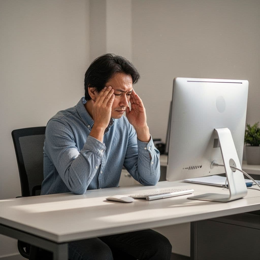 Person at dimly lit desk rubs temples while looking at out-of-focus computer screen.