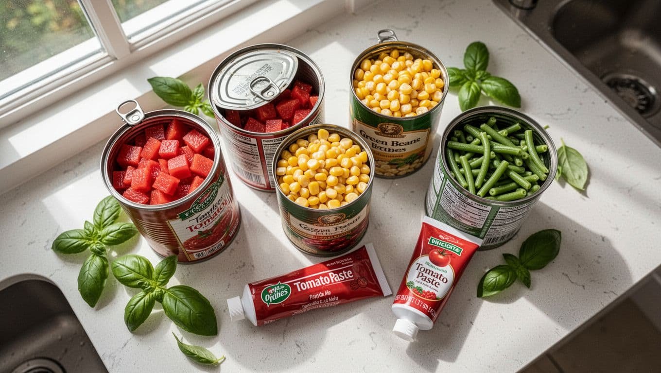 Open cans of diced tomatoes, corn, and green beans on countertop with tomato paste tube and scattered basil leaves.