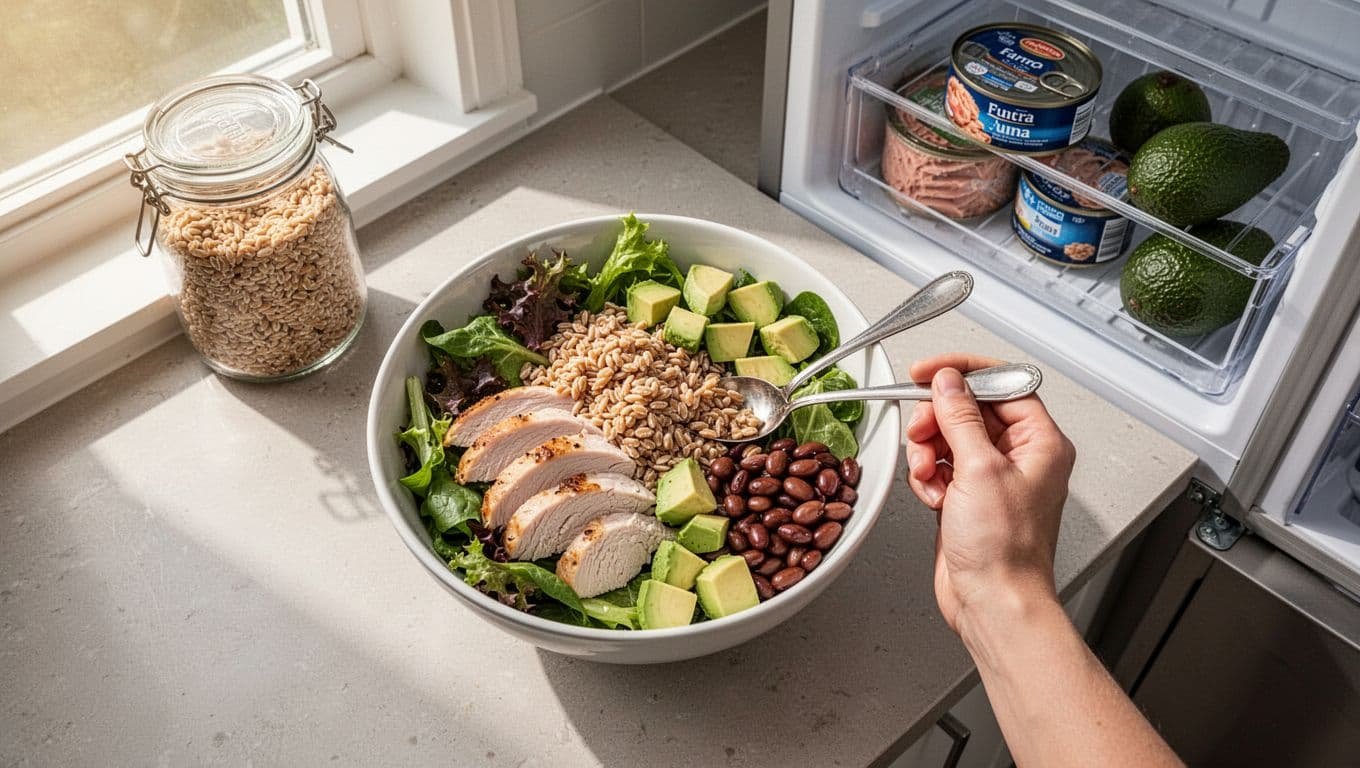 Top-down view of kitchen counter with mixed greens base, roasted vegetables, quinoa, grilled chicken strips, and beans.