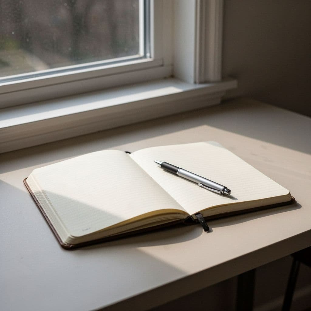 Open notebook and pen on light-colored desk near window with soft natural light.