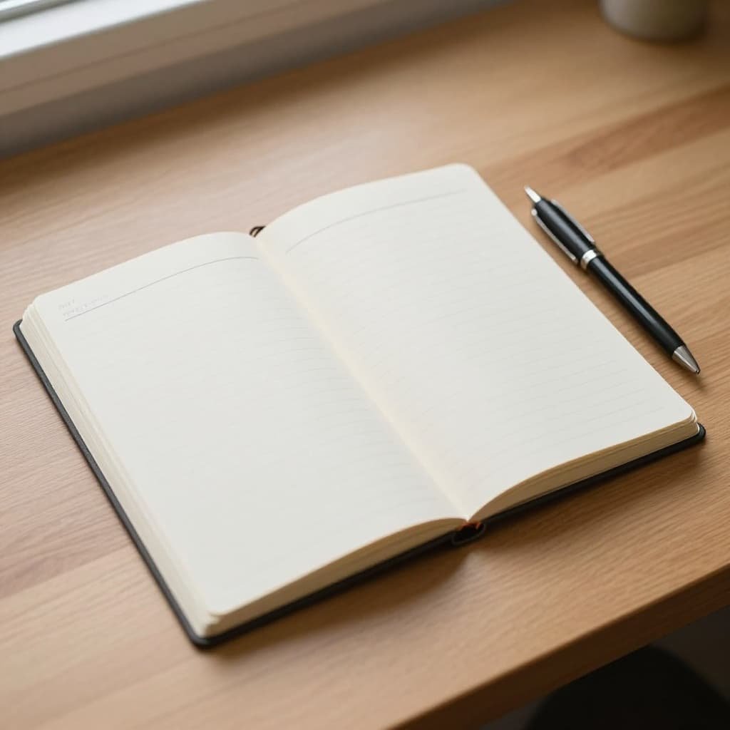 Open paper notebook and ballpoint pen on clean wooden desk near window with soft natural light.