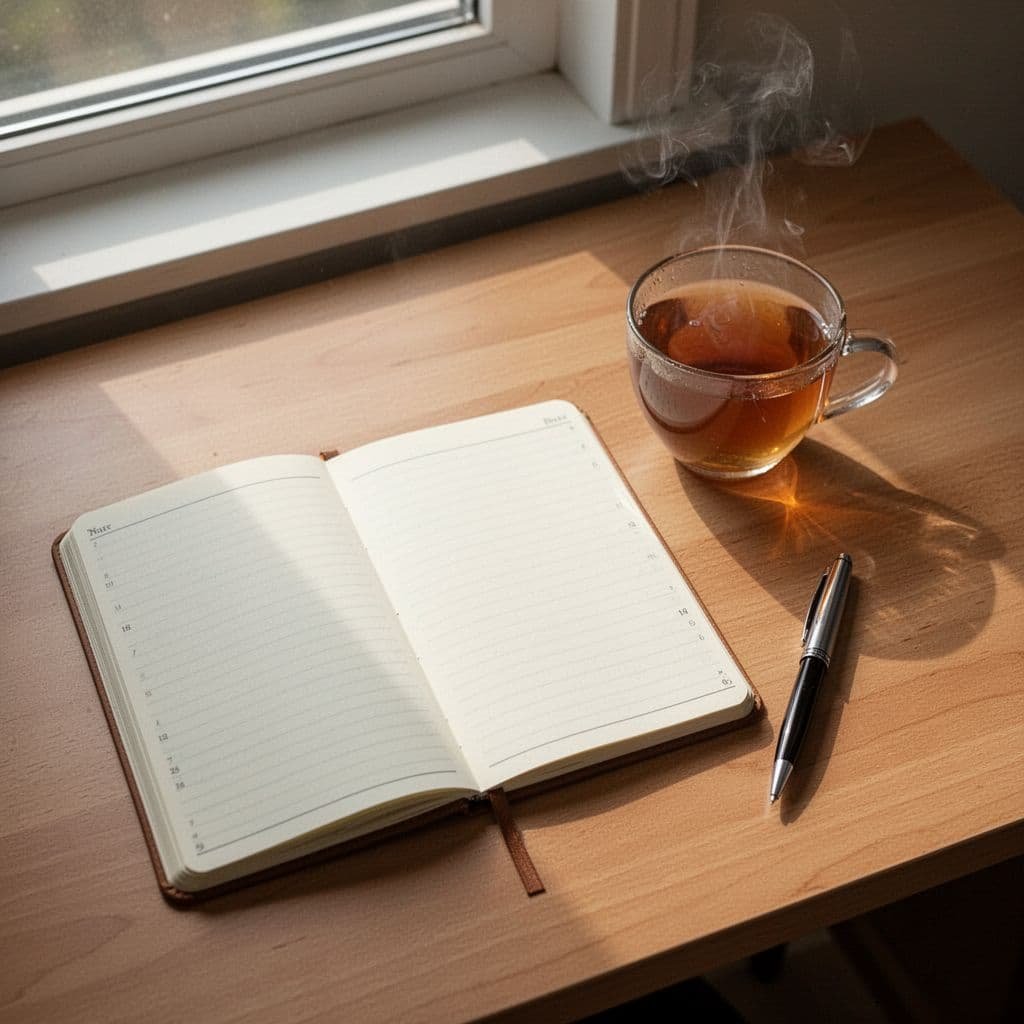 Top-down view of open notebook on wooden desk with pen and tea cup nearby in soft morning light.