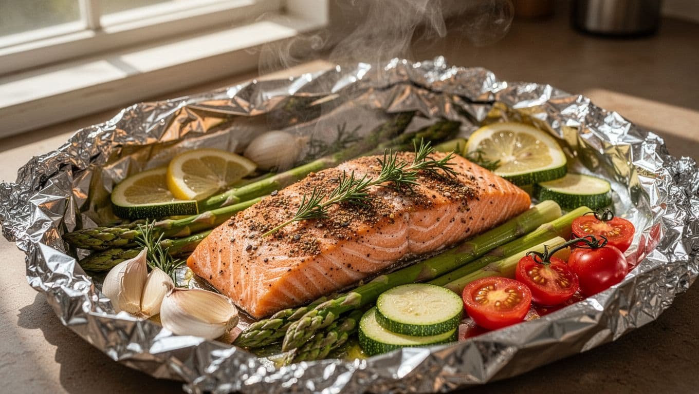 Opened foil packet reveals spice-rubbed salmon fillet with lemon slices, garlic, herbs, asparagus, zucchini, and cherry tomatoes, steam rising.