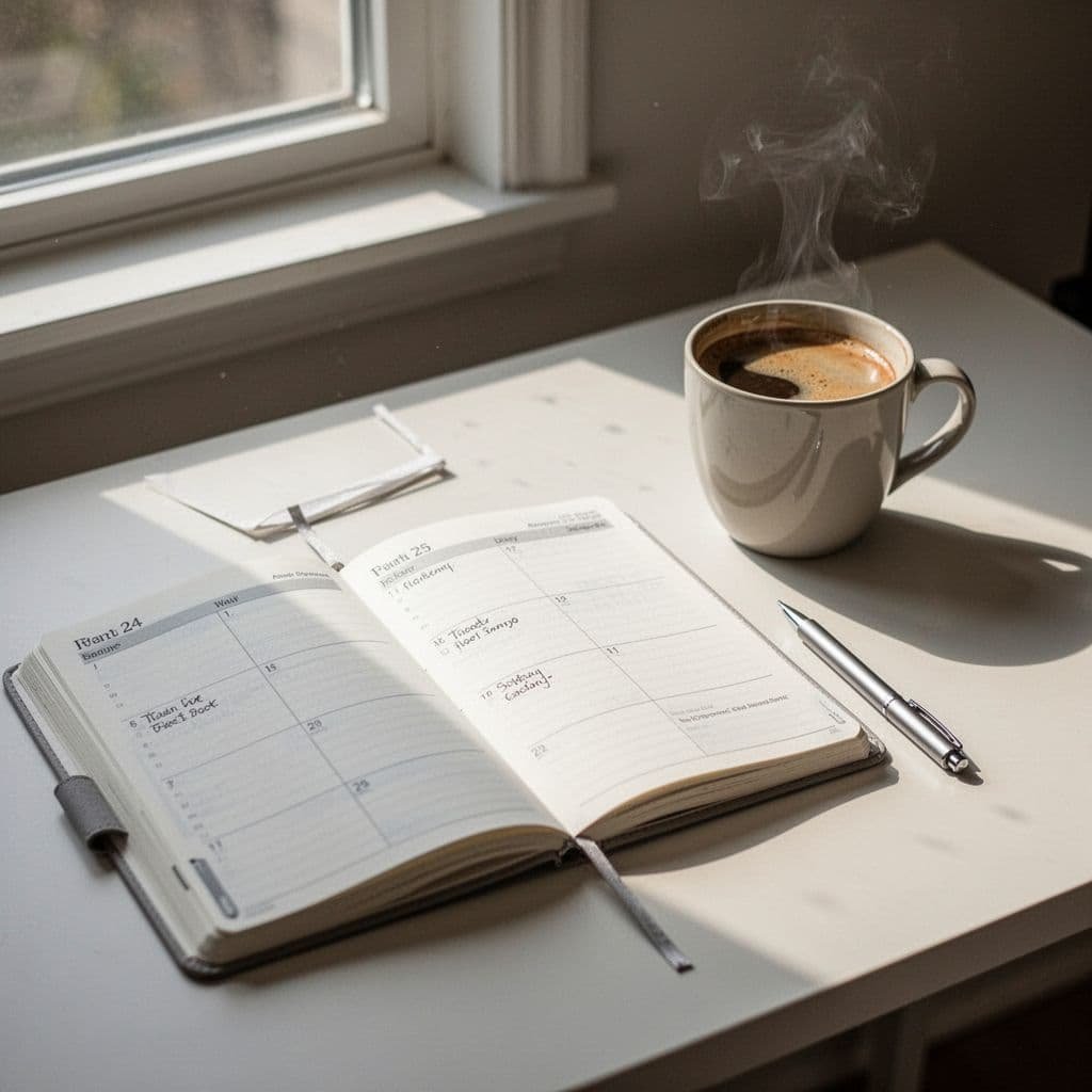 Open paper planner, single pen, and coffee cup on clean desk with soft natural window light.