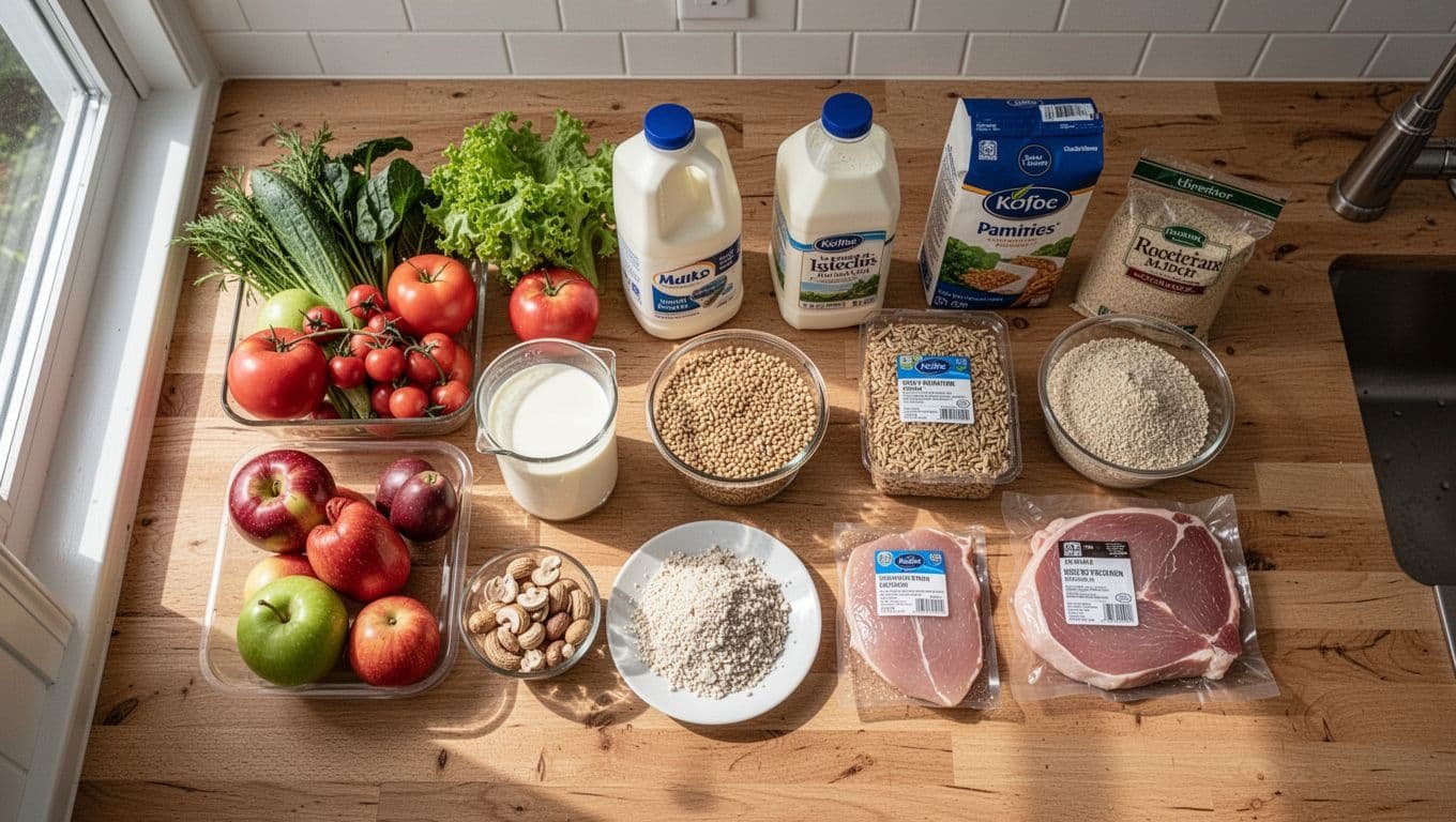 Top view of wooden kitchen counter with fresh produce in one bowl, dairy in another, dry goods in jars, proteins in containers, and notebook with pen.