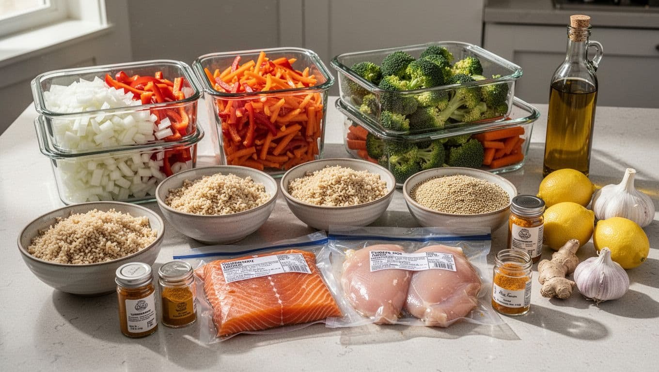 Kitchen counter with glass containers of chopped onions, peppers, broccoli, carrots; bowls of rice, quinoa; bags of marinated salmon, chicken; jars of turmeric, ginger; lemons, garlic, oil.