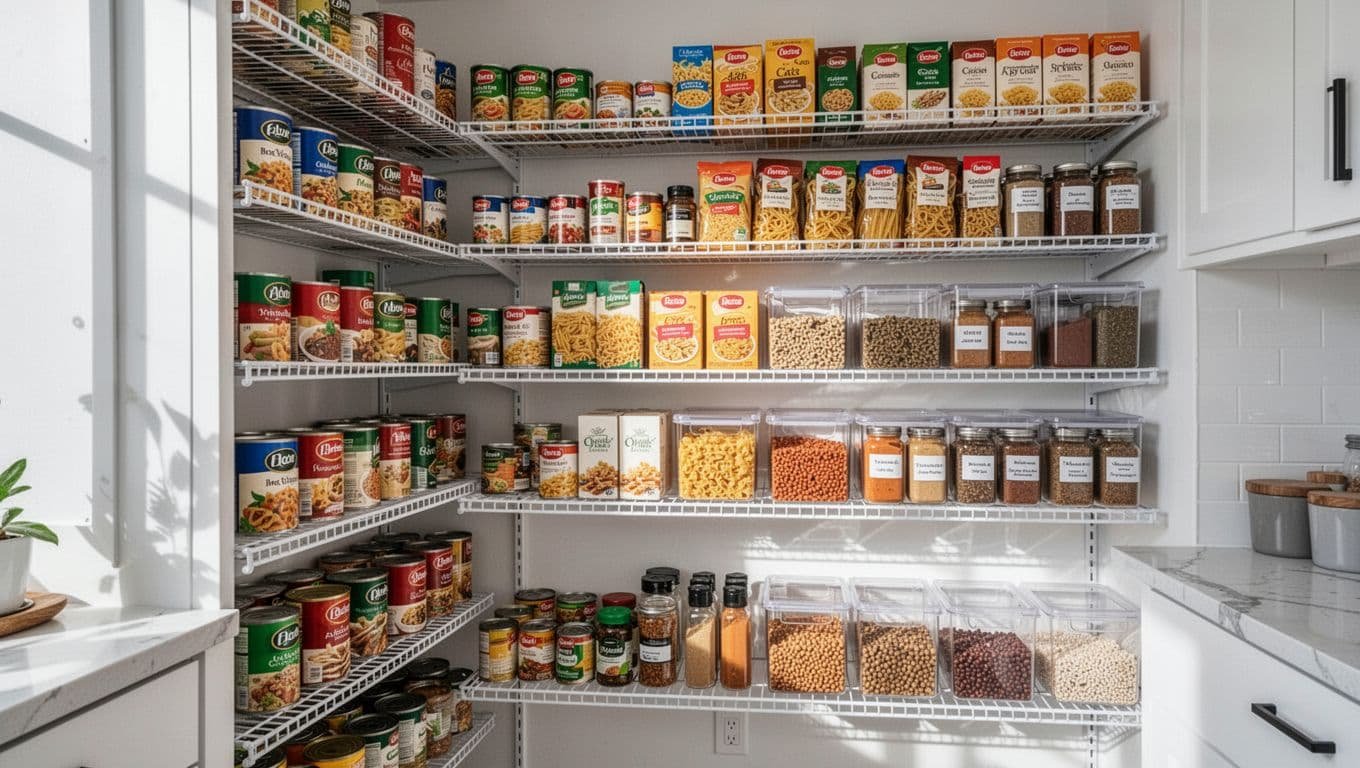 Tiered wire shelves in bright modern pantry stocked with canned goods, pasta boxes, and spices in clear bins grouped by category.