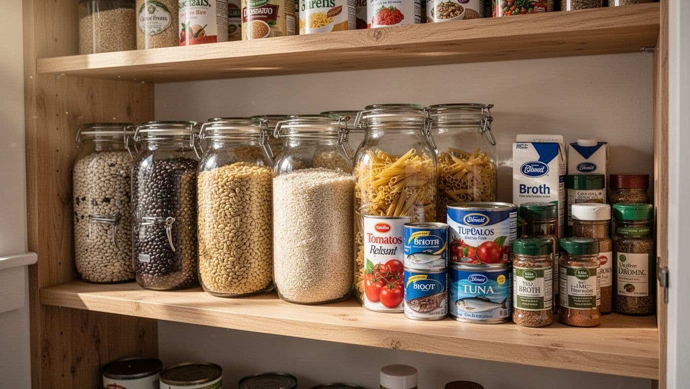 Wooden shelf with clear jars of beans rice pasta in FIFO order labeled by date grouped cans and spices.