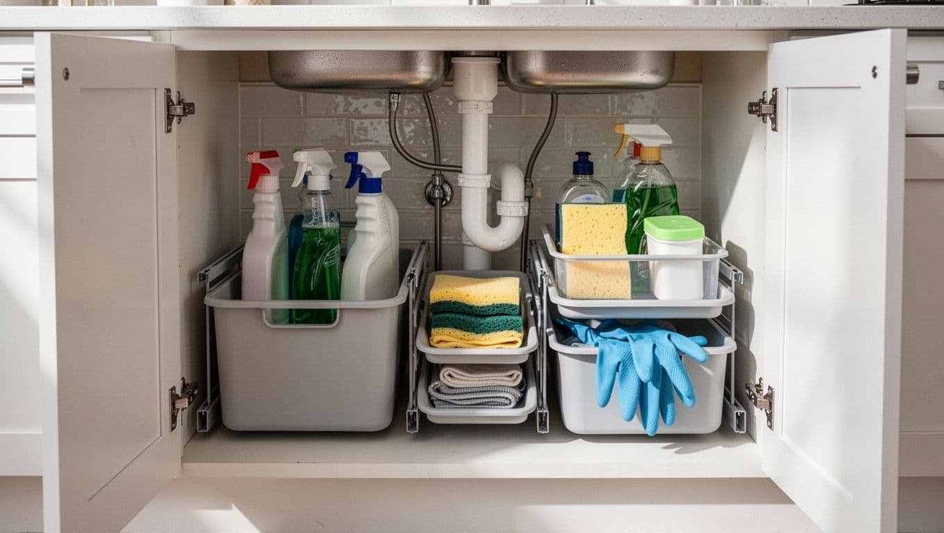 Open under-sink cabinet door reveals pull-out sliding bins and stackable trays with cleaning bottles, sponges, dish soap, gloves, and central white pipe.