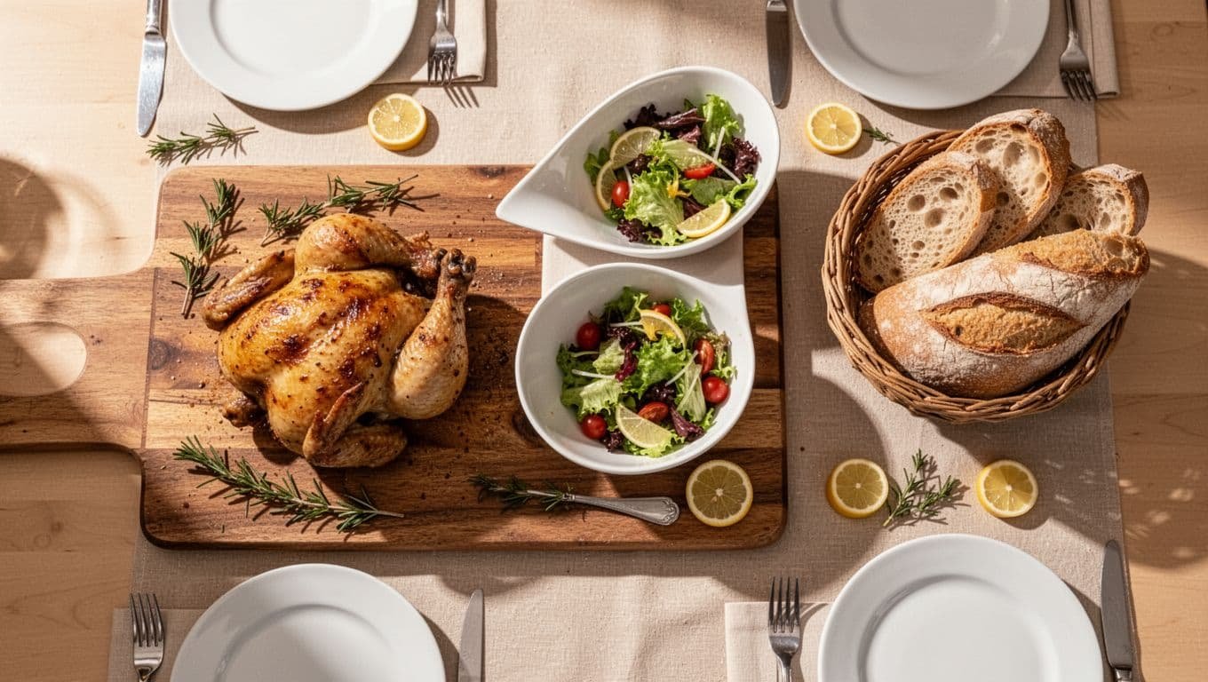 Overhead view of dining table with roasted chicken on wooden board, salad in white bowl, bread in basket, garnished with herbs and lemon slices.