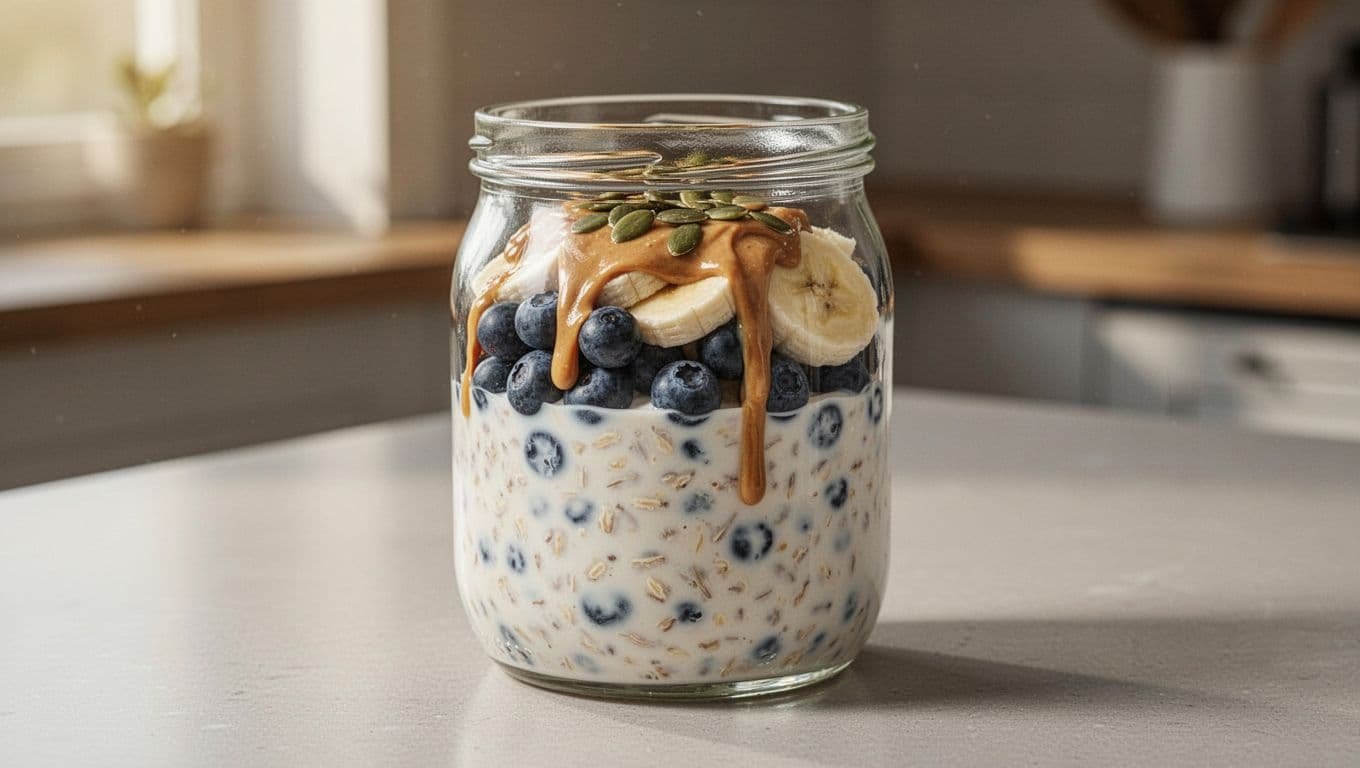 Clear glass jar of overnight oats topped with blueberries, sliced bananas, peanut butter, and pumpkin seeds on kitchen counter.