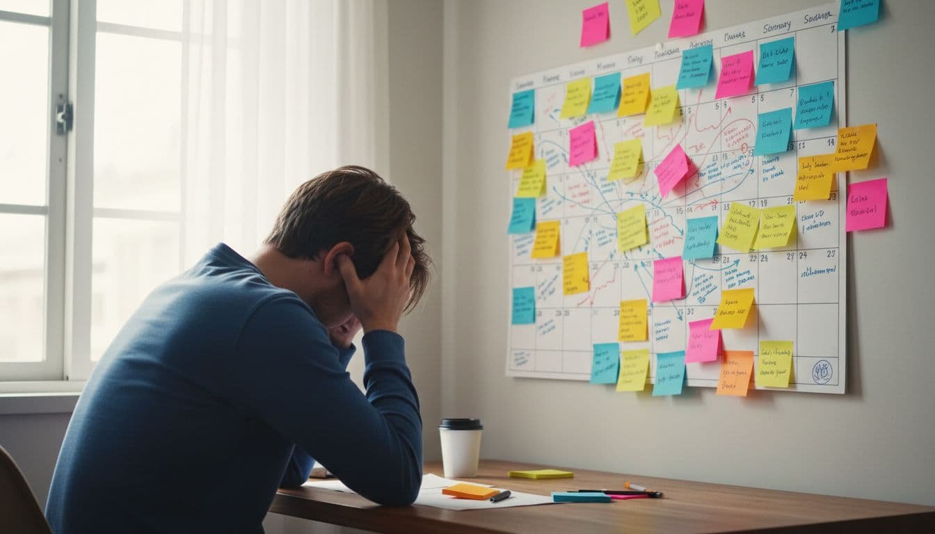 Frustrated person at home office desk holds head while staring at wall calendar packed with overlapping appointments and sticky notes.