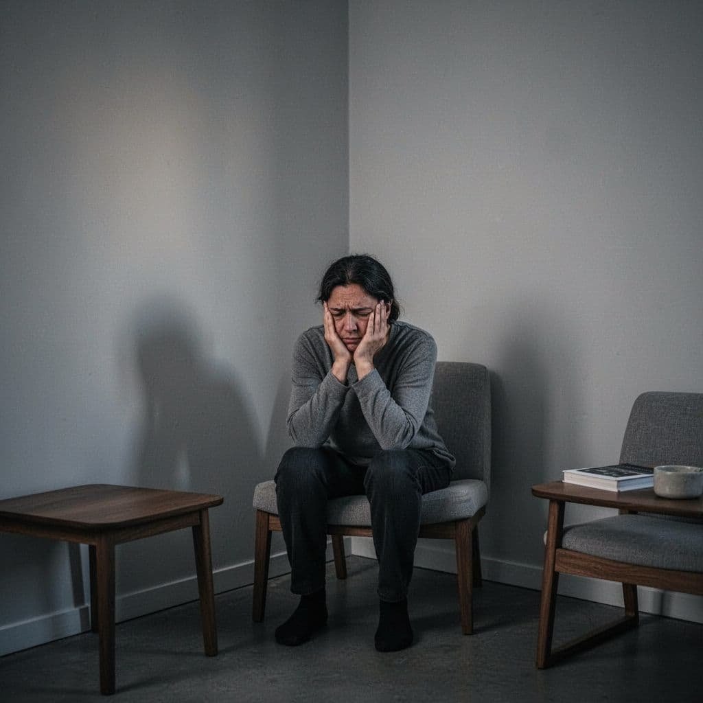 A person sits alone in a dimly lit room corner, hands near face.