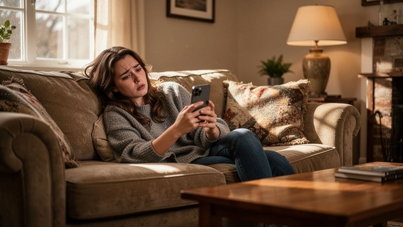 Young adult woman slumps on cozy living room sofa, holding phone with overwhelmed expression staring at angled screen.