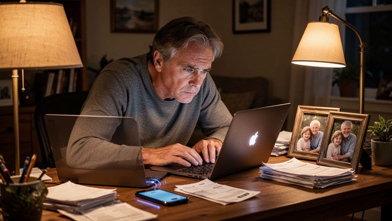 Middle-aged person hunches over glowing laptop in cluttered late-evening home office with buzzing phone and bills.