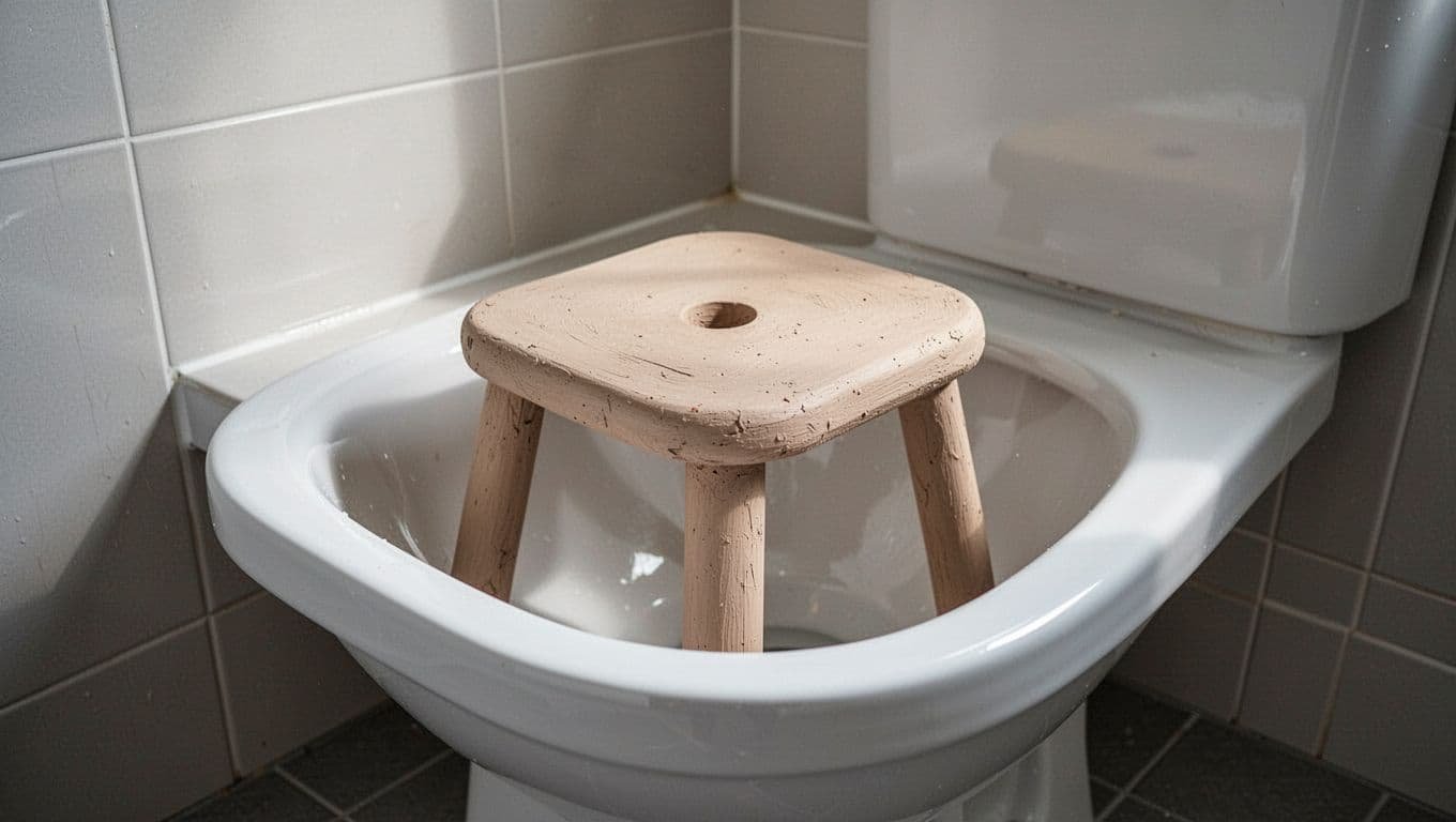 Pale clay-colored stool in white toilet bowl, simple bathroom setting.